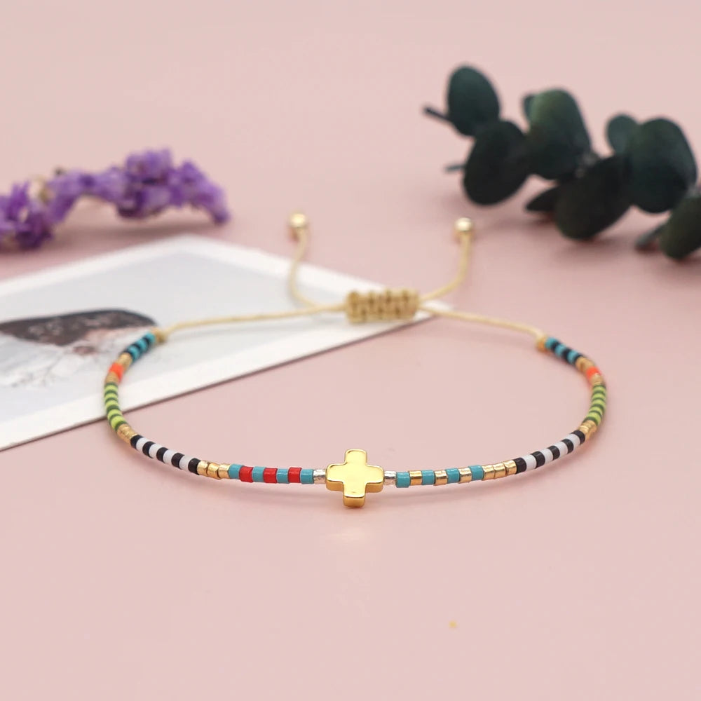 Go2Boho Cross Bracelet Tiny Simple Bracelet For Women Colorful Miyuki Delica Beaded Adjustable String Pulseras Christian Jewelry