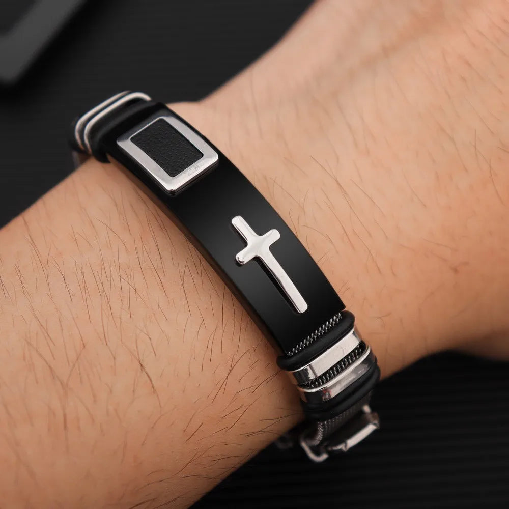 Christian Cross Steel Men's Bracelet New Fashion Metal Religious Accessories Party Charming Jewelry