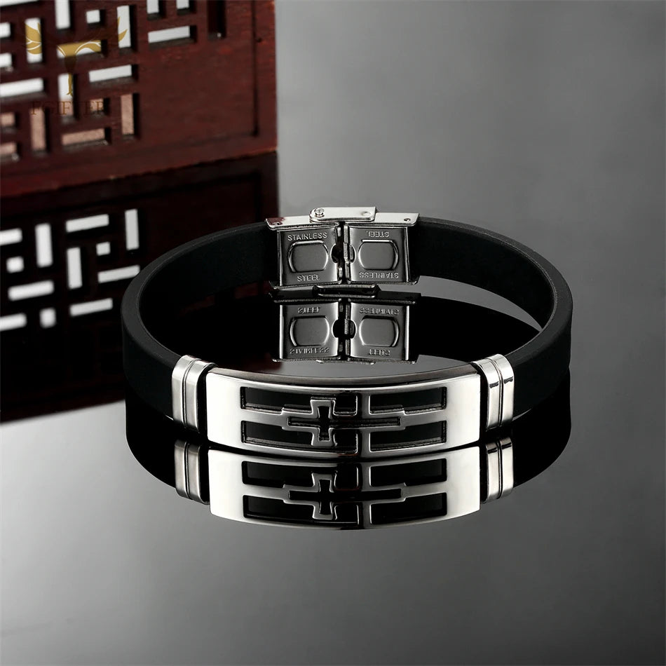 Fashion Black Bracelets for Women Men Stainless Steel Cross Accessories Cuff Clasp Rubber Wristband  Catholic Christian Jewelry