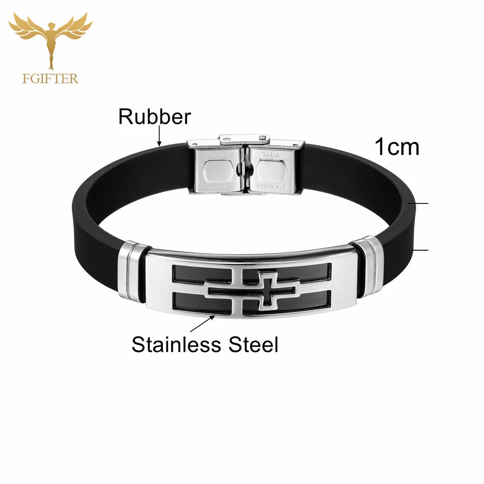 Fashion Black Bracelets for Women Men Stainless Steel Cross Accessories Cuff Clasp Rubber Wristband  Catholic Christian Jewelry