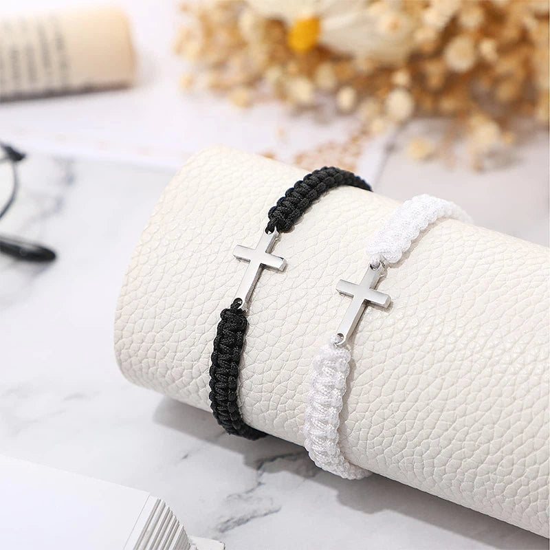 Simple Cross Black White Braided Rope Couple Bracelets Silver Color Adjustable Bracelet Christian Jewelry